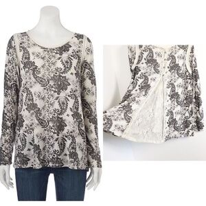 Rewind split back lace detail tee boho print knit top M loose fit long sleeve